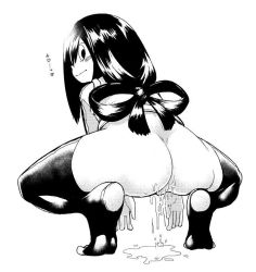 Rule 34 | 10s, 1girl, artist request, ass, asui tsuyu, boku no hero academia, feet, from behind, long hair, looking back, low tied hair, monochrome, pussy, pussy juice, solo, spread legs, squatting, tagme, thighhighs, toeless legwear, toes
