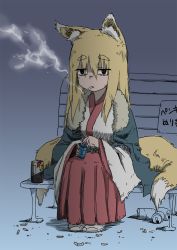 Rule 34 | 1girl, animal ears, barikios, bench, black eyes, blank stare, blonde hair, can, cigarette, cigarette pack, coat, commentary request, depressed, empty eyes, eyes visible through hair, fox ears, fox girl, fox tail, hair between eyes, hakama, hakama skirt, holding, japanese clothes, long sleeves, looking at viewer, mouth hold, multiple tails, original, red skirt, sandals, sitting, skirt, smoke, smoking, solo, tail, two tails, wide sleeves