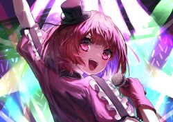 Rule 34 | 1girl, :d, absurdres, arima kana, arm up, audience, blush, bob cut, collared shirt, commentary request, frilled gloves, frilled sleeves, frills, gloves, glowstick, hat, highres, holding, holding microphone, idol, looking back, medium hair, microphone, mini hat, open mouth, oshi no ko, pink gloves, puffy short sleeves, puffy sleeves, red eyes, red hair, red shirt, shadow, shirt, short sleeves, smile, solar torch, solo focus, stage lights, sweat, teeth, upper body, upper teeth only