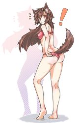 Rule 34 | !, 1girl, adjusting clothes, adjusting panties, animal ears, ass, barefoot, blush, bra, breasts, brown hair, ciliegio (kodomo do), drop shadow, from behind, full body, imaizumi kagerou, long hair, looking at viewer, looking back, ototobe, panties, red bra, red eyes, red panties, solo, standing, tail, touhou, underwear, underwear only, wolf ears, wolf tail