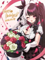 Rule 34 | 1girl, 2023, absurdres, black flower, black hair, black rose, black skirt, bouquet, brown flower, brown rose, cleavage cutout, clothing cutout, dated, flower, happy birthday, highres, long hair, multicolored background, multicolored hair, nijisanji, one eye closed, pink background, pink eyes, pink hair, red flower, red rose, rose, shirt, short sleeves, skirt, solo, split-color hair, twintails, virtual youtuber, white background, white hair, white shirt, yagi (ningen), yellow flower, yellow rose, yorumi rena, yorumi rena (1st costume)