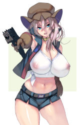 Rule 34 | 1girl, belt, blonde hair, blue eyes, breasts, choker, cleavage, covered erect nipples, cowboy shot, gloves, gun, hair between eyes, hand on own hip, hat, highres, huge breasts, kouno (masao), long hair, looking at viewer, mac-10/11, midriff, navel, nipples, open mouth, original, outstretched arm, photoshop (medium), revision, see-through, shirt, short shorts, shorts, simple background, solo, submachine gun, tied shirt, two-tone background, weapon