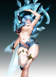 Rule 34 | 1girl, alternate costume, arm up, armpits, black bow, black footwear, black pantyhose, blue hair, bow, breasts, drill hair, gradient background, grey background, gwen (league of legends), hair bow, highres, holding, holding scissors, hua zhong yu, large breasts, league of legends, navel, nipples, open clothes, open shorts, pantyhose, scissors, shirt, shorts, simple background, single thighhigh, solo, thighhighs, topless, twin drills, twintails, white background, white shirt, white thighhighs