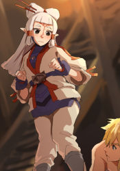 Rule 34 | 1boy, 1girl, black eyes, blonde hair, blue eyes, clenched hand, closed mouth, facial mark, forehead mark, hair ornament, hair stick, hair tubes, jacket, link, long hair, long sleeves, looking at another, looking back, mdf an, nintendo, pants, paya (zelda), pointy ears, the legend of zelda, the legend of zelda: breath of the wild, tunic, wavy mouth, white hair, white jacket, white pants, worried