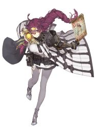 Rule 34 | 1girl, asymmetrical gloves, blue eyes, braid, breasts, canister, dorothy (sinoalice), full body, glasses, gloves, hair ornament, hairclip, jino, large breasts, long hair, looking at viewer, magazine (object), messy hair, official art, one eye closed, pantyhose, purple hair, sinoalice, smile, solo, tool belt, torn clothes, torn pantyhose, uneven gloves, white background