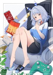 Rule 34 | 1girl, absurdres, animal ears, barefoot, black shorts, brown eyes, can, cellphone, chips (food), cidersour, controller, ear covers, food, full body, game controller, grey hair, highres, hishi miracle (umamusume), holding, holding phone, horse ears, horse girl, horse tail, looking at viewer, lying, manga (object), medium hair, phone, potato chips, shorts, slippers, smartphone, solo, tail, two-tone sweater, umamusume