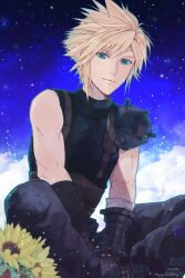 Rule 34 | 011kabo, 1boy, armor, belt, blonde hair, blue eyes, blue pants, blue shirt, brown belt, closed mouth, cloud, cloud strife, cloudy sky, dated, final fantasy, final fantasy vii, final fantasy vii remake, flower, hair between eyes, happy birthday, highres, indian style, looking at viewer, male focus, pants, shirt, short hair, shoulder armor, single bare shoulder, sitting, sky, sleeveless, sleeveless turtleneck, smile, solo, spiked hair, sunflower, suspenders, turtleneck, yellow flower