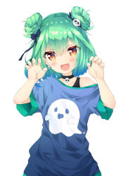 Rule 34 | 1girl, :d, absurdres, alternate costume, black undershirt, blue ribbon, blue shirt, blush, claw pose, collar, collarbone, dot nose, double bun, earrings, fang, flat chest, ghost print, green hair, groping motion, hair between eyes, hair bun, hair ornament, hair ribbon, hands up, highres, hololive, jewelry, layered clothes, looking at viewer, lr (last remote 514), medium hair, off shoulder, open mouth, print shirt, red eyes, ribbon, shirt, simple background, single bare shoulder, skull collar, skull earrings, skull hair ornament, smile, solo, t-shirt, upper body, uruha rushia, virtual youtuber, white background