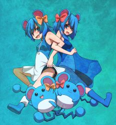 Rule 34 | 2girls, :d, animal ears, back-to-back, blue eyes, blue hair, bow, casual one-piece swimsuit, creatures (company), game freak, gen 2 pokemon, hair bow, kuromiya, locked arms, marill, moemon, multiple girls, nintendo, one-piece swimsuit, open mouth, personification, pokemon, pokemon (creature), see-through, short hair, smile, swimsuit, tail
