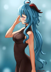 Rule 34 | 1girl, ahoge, artist name, bare arms, bare shoulders, black bodysuit, black legwear, blue background, blue hair, blurry, blurry background, blush, bodystocking, bodysuit, breasts, closed mouth, curled horns, from side, ganyu (genshin impact), genshin impact, goat horns, hand up, highres, horns, long hair, looking to the side, low ponytail, medium breasts, profile, purple eyes, shinsaku (stan-art), sidelocks, solo, standing, tight clothes