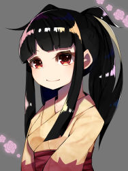Rule 34 | 1girl, artist request, black hair, breasts, child, creatures (company), female focus, flower, game freak, gen 3 pokemon, grey background, japanese clothes, kimono, long sleeves, looking at viewer, mawile, nintendo, obi, personification, pink flower, pink rose, pokemon, pokemon rse, ponytail, red eyes, rose, sash, simple background, small breasts, smile, solo, two-tone background, upper body, v arms