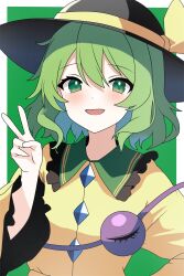 Rule 34 | 1girl, :d, absurdres, arina stepanova, black hat, commentary, green background, green eyes, green hair, hat, hat ribbon, highres, komeiji koishi, long sleeves, looking at viewer, open mouth, ribbon, short hair, simple background, smile, solo, third eye, touhou, upper body, v, yellow ribbon