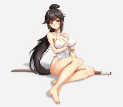 Rule 34 | 1girl, athenawyrm, azur lane, black hair, bokken, bow, brown eyes, casual one-piece swimsuit, criss-cross halter, full body, hair bow, hair flaps, halterneck, long hair, one-piece swimsuit, ponytail, ribbon, simple background, sitting, solo, swimsuit, sword, takao (azur lane), takao (beach rhapsody) (azur lane), weapon, white background, white bow, white one-piece swimsuit, white ribbon, wooden sword