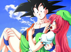 Rule 34 | 1boy, 1girl, black eyes, black hair, blue eyes, blush, braid, breasts, carrying, cloud, crossover, day, dragon ball, dragonball z, hat, highres, hong meiling, kamishima kanon, large breasts, long hair, open mouth, princess carry, red hair, short hair, sky, smile, son goku, surprised, touhou