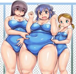Rule 34 | 3girls, bare shoulders, belly, belly grab, poking belly, big belly, bindi, blush, breasts, cleavage, covered navel, curvy, embarrassed, fat, fat rolls, fat step-sister (orizen), hands up, highres, large breasts, legs apart, multiple girls, original, orizen, outdoors, plump, school swimsuit, shiny clothes, shiny skin, short hair, short twintails, size difference, skin tight, small breasts, standing, sweatdrop, swimsuit, thick eyebrows, thick thighs, thighs, twintails, weight conscious, wide hips