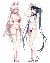 Rule 34 | 2girls, absurdres, animal ears, arm up, bare arms, bare shoulders, bikini, black bikini, black choker, black footwear, blue eyes, blue hair, breasts, choker, cleavage, criss-cross halter, front-tie bikini top, front-tie top, full body, halterneck, hat, high heels, highres, large breasts, long hair, looking at viewer, mismatched bikini, multi-strapped bikini, multicolored hair, multiple girls, navel, original, parted lips, pink bikini, pink choker, pink footwear, rabbit ears, simple background, standing, stomach, string bikini, sun hat, swimsuit, thigh strap, thighs, twintails, two-tone hair, ugwa, very long hair, white background, white bikini, white headwear