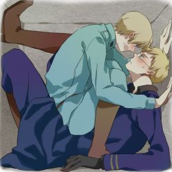 Rule 34 | 2boys, axis powers hetalia, blonde hair, blush, boots, finland (hetalia), glasses, gloves, green eyes, locked in a box, looking at another, male focus, military uniform, multiple boys, purple eyes, sitting, sitting on person, sweden (hetalia), uniform, user554714, yaoi