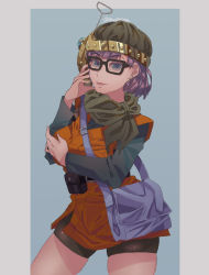 Rule 34 | 1girl, bag, bike shorts, chrono trigger, earrings, glasses, hand on own cheek, hand on own face, hat, highres, jewelry, lucca ashtear, maglacuna, open mouth, purple hair, satchel, scarf, short hair, smile, solo, stud earrings, twitter username
