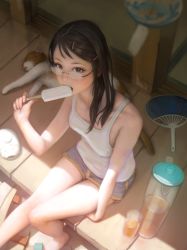 Rule 34 | 1girl, animal, black eyes, black hair, cat, cup, drinking glass, female focus, food, from above, glasses, hair ornament, hairclip, hand fan, juice, legs, long hair, looking up, mujiha, original, paper fan, pitcher (container), popsicle, porch, realistic, rimless eyewear, sandals, unworn sandals, short shorts, shorts, sitting, solo, sunlight, swept bangs, tank top, uchiwa, wind chime