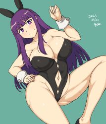 Rule 34 | 1girl, animal ears, artist name, black bodysuit, blunt bangs, bodysuit, breasts, clothing cutout, dated, fake animal ears, feet out of frame, fern (sousou no frieren), highres, large breasts, leotard, long hair, looking at viewer, midriff, navel, navel cutout, nishiumi yuuta, playboy bunny, purple eyes, purple hair, solo, sousou no frieren, stomach cutout, sweat, thighs