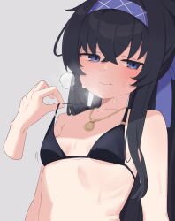 Rule 34 | 1girl, 1other, bare arms, bare shoulders, bikini, black bikini, black hair, blue archive, blue eyes, blue headband, blush, breasts, closed mouth, collarbone, disembodied hand, grey background, hair between eyes, headband, highres, jewelry, long hair, looking at viewer, motion lines, official alternate costume, pendant, qusouzu mogari, simple background, small breasts, solo focus, swimsuit, ui (blue archive), ui (swimsuit) (blue archive), upper body