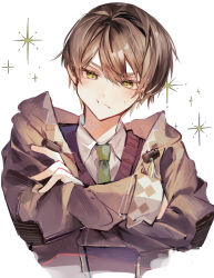 Rule 34 | 1boy, :t, absurdres, blush, brown coat, brown hair, brown sweater vest, coat, collared shirt, cropped torso, crossed arms, green eyes, green necktie, hair between eyes, highres, hood, hood down, hooded coat, looking away, mahoutsukai no yakusoku, male focus, mitile flores, necktie, pout, shirt, short hair, simple background, solo, sparkle, sweatdrop, sweater vest, u-sama (u summer0719), white background, white shirt