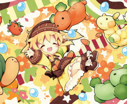 Rule 34 | 1girl, :d, ^ ^, aikei ake, animal, apron, bird, blonde hair, blush, boots, broccoli, brown apron, brown footwear, brown hat, carrot, chibi, closed eyes, commentary request, dog, dress, food, hat, long sleeves, open mouth, original, rabbit, smile, solo, star (symbol), tomato, turtleneck, vegetable, yellow dress