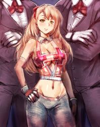 Rule 34 | 1girl, 2boys, blonde hair, blush, bow, bow (bhp), bowtie, breasts, cleavage, crop top, crossed arms, elbow gloves, fingerless gloves, formal, gloves, green eyes, hair bow, hand on own hip, height difference, highres, hip focus, large breasts, looking at viewer, midriff, multiple boys, navel, no bra, original, size difference, smile, suit, traditional bowtie, underboob