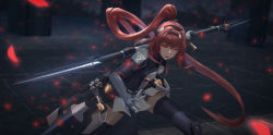 Rule 34 | 1girl, absurdres, armor, debris, fighting stance, glowing, headband, highres, holding, holding polearm, holding weapon, jack9614, knee pads, long hair, looking at viewer, polearm, ponytail, punishing: gray raven, red eyes, red hair, shoulder armor, sidelocks, solo, spear, thighhighs, vera: garnet (punishing: gray raven), vera (punishing: gray raven), weapon