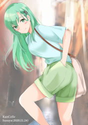 Rule 34 | 1girl, absurdres, alternate costume, bag, blue shirt, casual, character name, commentary request, copyright name, cowboy shot, green eyes, green hair, green shorts, hair ornament, hairclip, hand in pocket, highres, kantai collection, leaning forward, long hair, looking at viewer, shirt, shorts, smile, solo, suzuya (kancolle), yoshiki (bpmaxm)