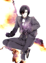 Rule 34 | 1boy, bad id, bad pixiv id, black hair, ascot, formal, full body, gloves, green eyes, heterochromia, male focus, nina (pastime), pants, red eyes, shoes, sitting, solo, suit, tales of (series), tales of xillia, tales of xillia 2, victor (tales)