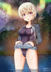 Rule 34 | 1girl, aurora, blonde hair, blue eyes, blue one-piece swimsuit, blush, breasts, cameltoe, cleft of venus, collarbone, female focus, girls und panzer, gluteal fold, hands in pockets, highres, jacket, keizoku military uniform, large breasts, looking at viewer, megadeko, one-piece swimsuit, open clothes, open jacket, open mouth, outdoors, shiny clothes, shiny skin, short hair, sky, solo, standing, star (sky), swimsuit, track jacket, uniform, wading, youko (girls und panzer)