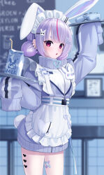 1girl :o absurdres animal_ears apron arm_up bandaid_on_thigh blunt_bangs cattleya_regina_games commentary_request controller cowboy_shot double_bun ear_piercing earrings game_controller grey_hair hair_bun hair_ornament hairclip highres holding holding_tray indoors jacket jewelry long_hair long_sleeves looking_at_viewer maid_apron maid_headdress milk_carton open_mouth piercing rabbit_earrings rabbit_ears rabbit_hair_ornament rabbit_tail red_eyes red_hair sleeves_past_fingers sleeves_past_wrists solo sthk tail tosaki_mimi tosaki_mimi_(4th_costume) tray turtleneck turtleneck_jacket single_ear_down virtual_youtuber vspo! white_apron white_headdress