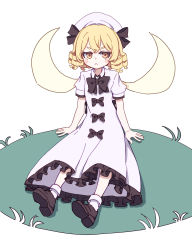 Rule 34 | 1girl, absurdres, black footwear, blonde hair, blush stickers, brown eyes, closed mouth, dress, drill hair, fairy, fairy wings, full body, hat, highres, kame (kamepan44231), luna child, one-hour drawing challenge, shoes, short hair, short sleeves, socks, solo, touhou, white dress, white hat, white socks, wings