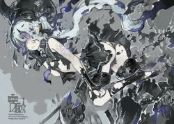 Rule 34 | 10s, 1girl, abyssal ship, ass, black gloves, black hat, black panties, black shirt, black skirt, black thighhighs, blue hair, broken, burnt, cannon, chain, chestnut mouth, clothes lift, collar, crop top, destroyer princess, english text, fingerless gloves, from side, gloves, grey background, hair between eyes, hand on own cheek, hand on own face, hat, headgear, kantai collection, konno takashi (frontier pub), long hair, looking at viewer, melting, midriff, miniskirt, necktie, no shoes, pale skin, panties, pantyshot, pleated skirt, purple eyes, purple necktie, school uniform, serafuku, shirt, side ponytail, skirt, skirt lift, sleeveless, sleeveless shirt, solo, tears, text focus, thighhighs, torn clothes, torn gloves, torn hat, torn panties, torn shirt, torn skirt, torn thighhighs, triangle mouth, underwear, upskirt, very long hair