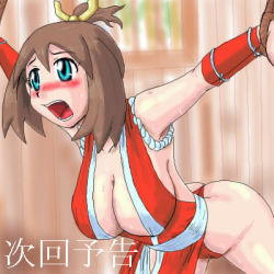 Rule 34 | blue eyes, blush, breasts, brown hair, cosplay, creatures (company), game freak, gouguru, large breasts, lowres, may (pokemon), nintendo, pokemon, shiranui mai, shiranui mai (cosplay), snk, the king of fighters