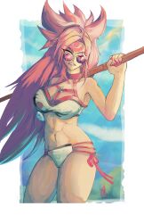Rule 34 | 1girl, abs, absurdres, amputee, baiken, bandaged arm, bandages, bikini, boutsoftheblind, facepaint, guilty gear, halterneck, highres, holding, holding weapon, long hair, missing limb, one eye closed, red-tinted eyewear, red hair, scar, scar across eye, solo, sunglasses, swimsuit, tinted eyewear, weapon