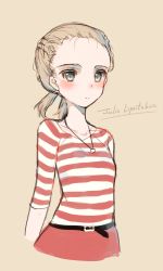 Rule 34 | 1girl, beige background, belt, blonde hair, blue eyes, blush, braid, character name, collarbone, cowboy shot, cropped legs, expressionless, forehead, french braid, jewelry, long sleeves, necklace, pendant, real life, shirt, short hair, simple background, sketch, solo, striped clothes, striped shirt, yamucha, yellow background, yulia lipnitskaya