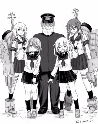 Rule 34 | 1boy, 4girls, adapted turret, admiral (kancolle), akebono (kancolle), beard, cannon, commentary request, facial hair, folded ponytail, greyscale, highres, ikazuchi (kancolle), inazuma (kancolle), kantai collection, long hair, machinery, monochrome, multiple girls, neckerchief, oboro (kancolle), old, old man, pleated skirt, rin (rin niji), school uniform, serafuku, short hair, side ponytail, skirt, standing, turret