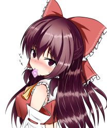 Rule 34 | 1girl, ascot, blush, bow, breasts, brown hair, commentary request, condom, condom in mouth, condom wrapper, crop top, detached sleeves, embarrassed, hair bow, hair tubes, hakurei reimu, highres, isshin (sasayamakids), long hair, looking at viewer, medium breasts, mouth hold, red bow, ribbon-trimmed sleeves, ribbon trim, simple background, solo, sweatdrop, tears, touhou, white background