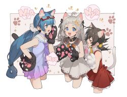 &gt;_&lt; 3girls a.i._voice alternate_costume animal_costume animal_ear_fluff animal_ears animal_hands belt_buckle belt_collar black_hair blue_eyes blue_hair blush buckle cat_costume cat_day cat_ears cat_tail collar commentary_request cropped_legs dress eyewear_on_head fang fangs gloves gradient_clothes gradient_dress grey_dress grey_hair hand_on_own_hip highres kaai_yuki kizuna_akari kizuna_akari_(tsubomi) multiple_girls nyan otomachi_una paw_gloves paw_print red-framed_eyewear red_dress sailor_dress semi-rimless_eyewear shirinda_fureiru sparkle_hair_ornament speech_bubble tail under-rim_eyewear vocaloid voiceroid