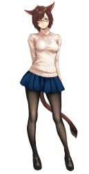 Rule 34 | 1girl, animal ears, arms behind back, artist name, artist request, black-framed eyewear, black pantyhose, blue skirt, breasts, brown eyes, brown hair, cat ears, cat tail, closed mouth, commentary request, facial mark, final fantasy, final fantasy xiv, full body, glasses, head tilt, highres, lips, loafers, long sleeves, looking at viewer, medium breasts, miniskirt, miqo&#039;te, pantyhose, pleated skirt, ribbed sweater, shoes, short hair, simple background, skirt, smile, solo, standing, sweater, tail, turtleneck, whisker markings, white background
