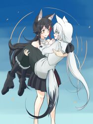 Rule 34 | 2girls, animal ear fluff, animal ears, black footwear, black hair, black pantyhose, black skirt, blue eyes, blush, boots, bow, braid, brown eyes, carrying, carrying person, commentary request, eye contact, face-to-face, fox ears, fox girl, fox tail, hair bow, highres, hololive, kagami yoshino, long hair, looking at another, multiple girls, ookami mio, own hands together, pantyhose, pleated skirt, ponytail, princess carry, ribbon, shirakami fubuki, shirt, skirt, smile, standing, tail, very long hair, virtual youtuber, white hair, white shirt, wolf ears, wolf girl, wolf tail, yuri