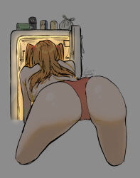 Rule 34 | 1girl, absurdres, ass, ass focus, bare legs, bare shoulders, brown hair, cameltoe, freezer, fuyu mikan, hair ornament, highres, huge ass, interface headset, long hair, neon genesis evangelion, no bra, panties, red panties, shiny skin, simple background, solo, souryuu asuka langley, squatting, twintails, two side up, underwear, underwear only, wide hips