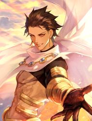 Rule 34 | 1boy, abs, ahoge, bare pectorals, black hair, brown hair, cape, cloak, dark skin, dark-skinned male, earrings, fate/grand order, fate (series), gloves, hair pulled back, jewelry, looking at viewer, male focus, manly, outstretched hand, ozymandias (fate), pectorals, short hair, smile, smirk, solo, spiked hair, yellow eyes, yepnean
