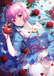 Rule 34 | 1girl, absurdres, arm up, blue shirt, cowboy shot, flower, flower on liquid, frilled shirt collar, frills, from above, hair ornament, hairband, hand on own stomach, heart, heart hair ornament, highres, holding, in water, komeiji satori, light smile, long sleeves, looking at viewer, lying, on back, partially submerged, petals, pink eyes, pink hair, pink skirt, red flower, red rose, rose, sake (msotome art), shirt, short hair, skirt, solo, third eye, touhou, wide sleeves