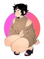 Rule 34 | 1girl, absurdres, bare legs, black eyes, black footwear, black hair, border, breasts, brown dress, brown sweater, buttons, commentary, dress, english commentary, freckles, full body, high heels, highres, legs together, long sleeves, looking to the side, medium breasts, messy hair, negsus, nose, off-shoulder dress, off shoulder, original, pink background, pumps, short dress, short hair, simple background, sleeveless, sleeveless turtleneck, smile, solo, squatting, sweater, thick eyebrows, thighs, toeless footwear, toenails, toes, turtleneck, vanilla (negsus), white border
