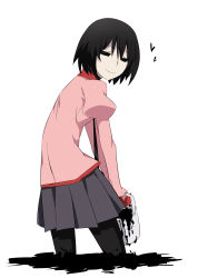 Rule 34 | absurdres, black hair, black necktie, black pantyhose, black theme, bob cut, bucket, commentary, darkness, dirty legwear, from behind, grey skirt, hair between eyes, heart, highres, kakoikaren, leaning forward, looking at viewer, looking back, messy, monogatari (series), narrowed eyes, necktie, oshino ougi, paint splatter, pale skin, pantyhose, partially submerged, pink shirt, pleated skirt, portal (object), puddle, puffy sleeves, shirt, short hair, simple background, skirt, smile, smug, solo, spoilers, standing, wading, white background