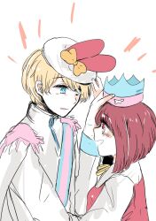 Rule 34 | 1boy, 1girl, animal ears, arima kana, beret, blonde hair, blue eyes, blush, bob cut, cinnamoroll, dress, hat, hoshino aquamarine, inverted bob, looking at another, my melody, open mouth, oshi no ko, osnk rya, rabbit ears, red dress, red eyes, red hair, short hair, simple background, smile, upper body, vest, white background, white vest
