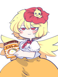 Rule 34 | 1girl, animal, animal on head, bird, bird on head, bird wings, blonde hair, blush stickers, chahan (fried rice0614), chick, closed mouth, dress, feathered wings, hair between eyes, highres, hiyoko-chan, holding, multicolored hair, nissin, nissin chicken ramen, niwatari kutaka, on head, orange dress, pack noodles, red eyes, shirt, short hair, short sleeves, simple background, solo, touhou, two-tone hair, white background, white shirt, wings, yellow wings